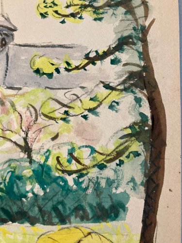 Peinture Gouache Papier Paysage Arbre  Eglise À Identifier Ancien Art