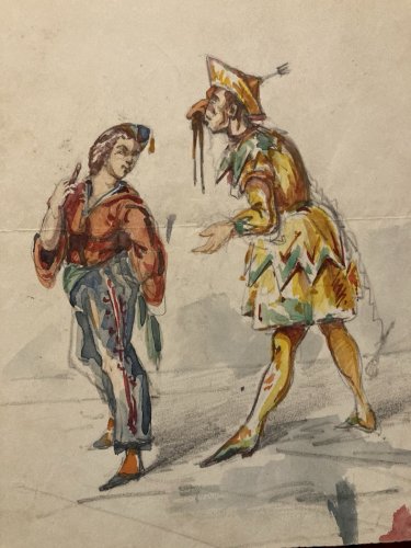 Peinture gouache Papier Paysage Italie XIXe Art Costume Comedia Del Arte Ancien