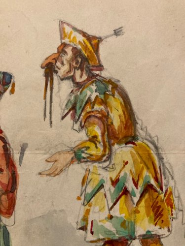 Peinture gouache Papier Paysage Italie XIXe Art Costume Comedia Del Arte Ancien