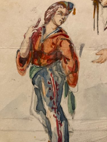 Peinture gouache Papier Paysage Italie XIXe Art Costume Comedia Del Arte Ancien