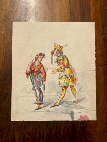 Peinture gouache Papier Paysage Italie XIXe Art Costume Comedia Del Arte Ancien