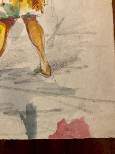 Peinture gouache Papier Paysage Italie XIXe Art Costume Comedia Del Arte Ancien