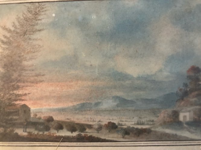 Peinture gouache Papier Paysage Toscane Italie? XIXe Ancien Cadre A Identifier