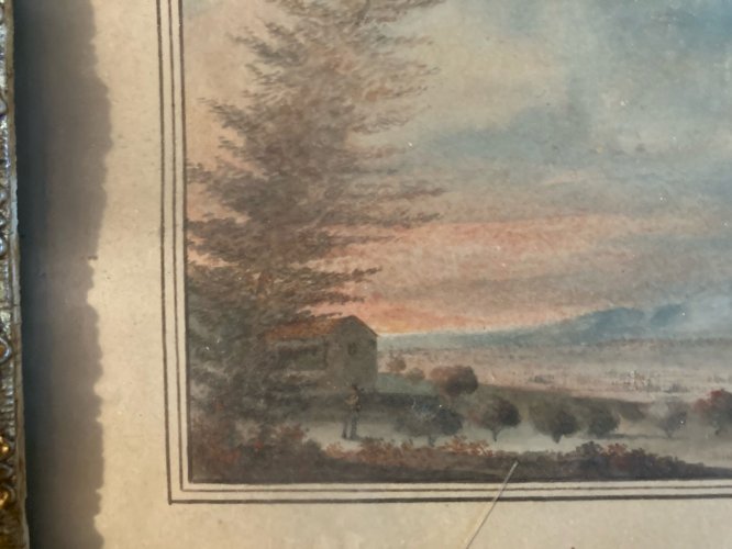 Peinture gouache Papier Paysage Toscane Italie? XIXe Ancien Cadre A Identifier