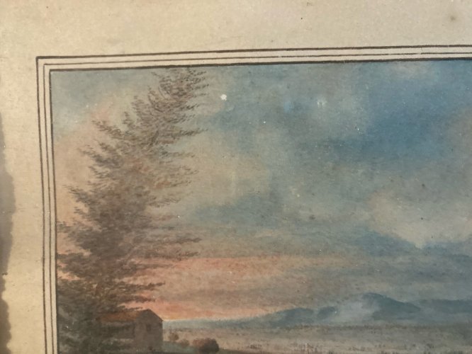 Peinture gouache Papier Paysage Toscane Italie? XIXe Ancien Cadre A Identifier