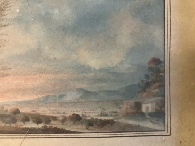 Peinture gouache Papier Paysage Toscane Italie? XIXe Ancien Cadre A Identifier