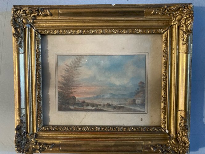 Peinture gouache Papier Paysage Toscane Italie? XIXe Ancien Cadre A Identifier