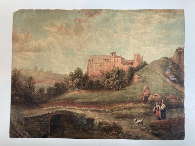 Peinture gouache Papier Paysage Toscane Italie XIXe Art Jean-Baptiste MADOU