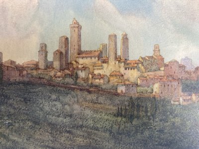 Peinture gouache Papier Paysage Toscane Italie XIXe Art San Gimignano Ancien