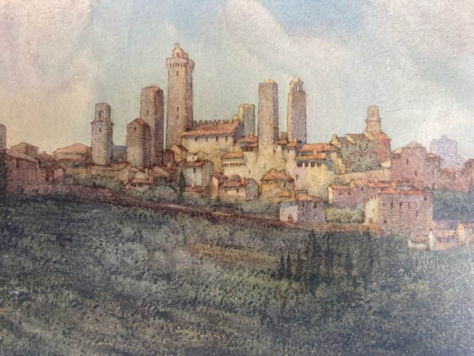 Peinture gouache Papier Paysage Toscane Italie XIXe Art San Gimignano Ancien