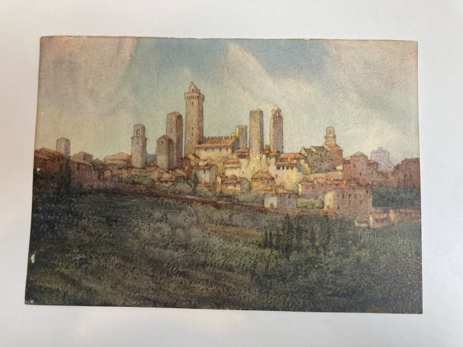 Peinture gouache Papier Paysage Toscane Italie XIXe Art San Gimignano Ancien