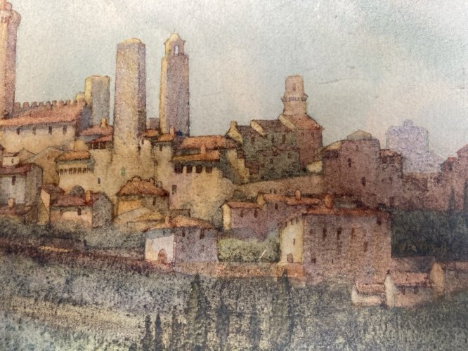 Peinture gouache Papier Paysage Toscane Italie XIXe Art San Gimignano Ancien