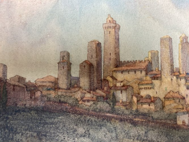 Peinture gouache Papier Paysage Toscane Italie XIXe Art San Gimignano Ancien