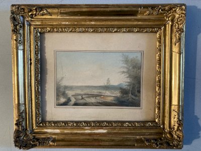 Peinture gouache Papier Paysage Toscane Italie? XIXe Cadre Ancien A Identifier