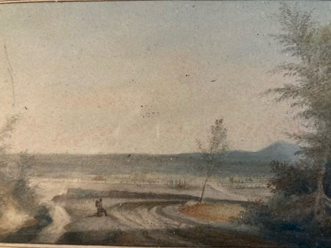 Peinture gouache Papier Paysage Toscane Italie? XIXe Cadre Ancien A Identifier