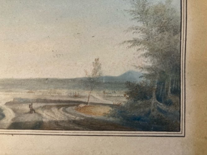 Peinture gouache Papier Paysage Toscane Italie? XIXe Cadre Ancien A Identifier
