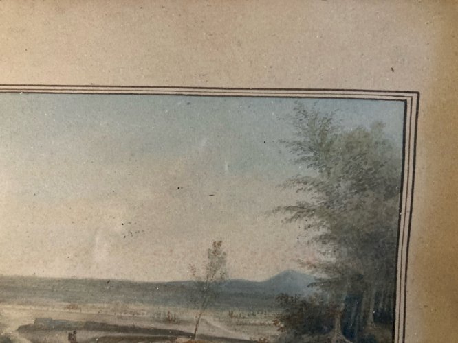 Peinture gouache Papier Paysage Toscane Italie? XIXe Cadre Ancien A Identifier