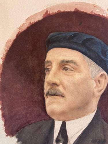Peinture Gouache Papier Portrait Tête 1950 Militaria ? A Identifier