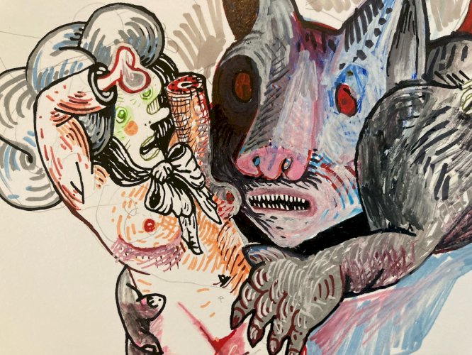 Peinture Gouache Papier Surréalisme Surréaliste Animal XXe Painting Art Femme