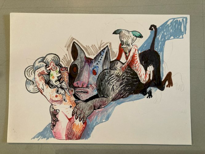 Peinture Gouache Papier Surréalisme Surréaliste Animal XXe Painting Art Femme