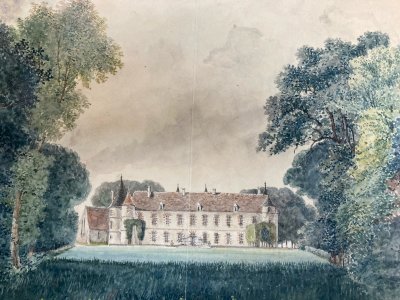 Peinture Gouache Papier XIXe Château Verdure Arbre Branche A Identifier