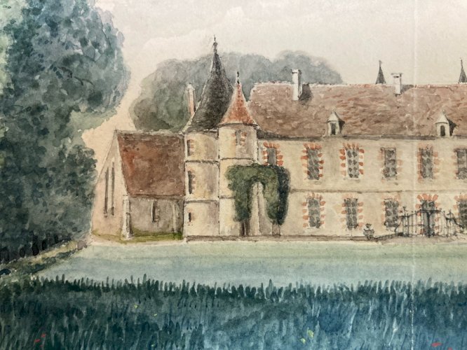 Peinture Gouache Papier XIXe Château Verdure Arbre Branche A Identifier