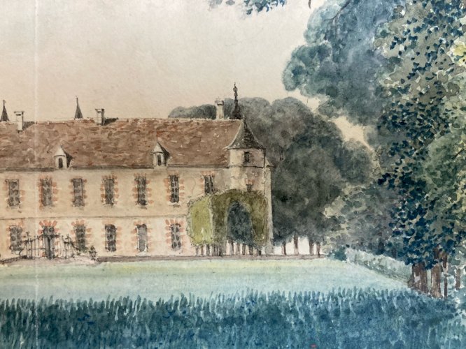 Peinture Gouache Papier XIXe Château Verdure Arbre Branche A Identifier
