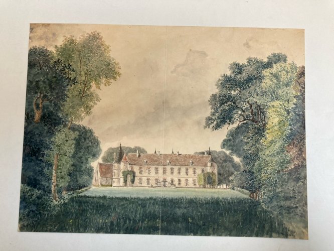 Peinture Gouache Papier XIXe Château Verdure Arbre Branche A Identifier