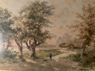 Peinture Gouache Papier XIXe Retour De Chasse Homme Fusil Ancien Chien Art