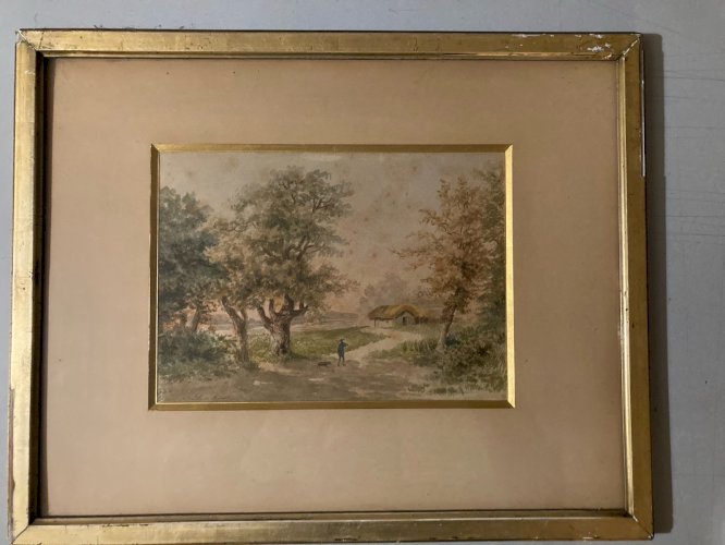 Peinture Gouache Papier XIXe Retour De Chasse Homme Fusil Ancien Chien Art