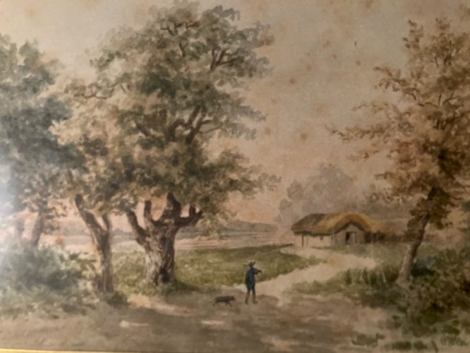 Peinture Gouache Papier XIXe Retour De Chasse Homme Fusil Ancien Chien Art