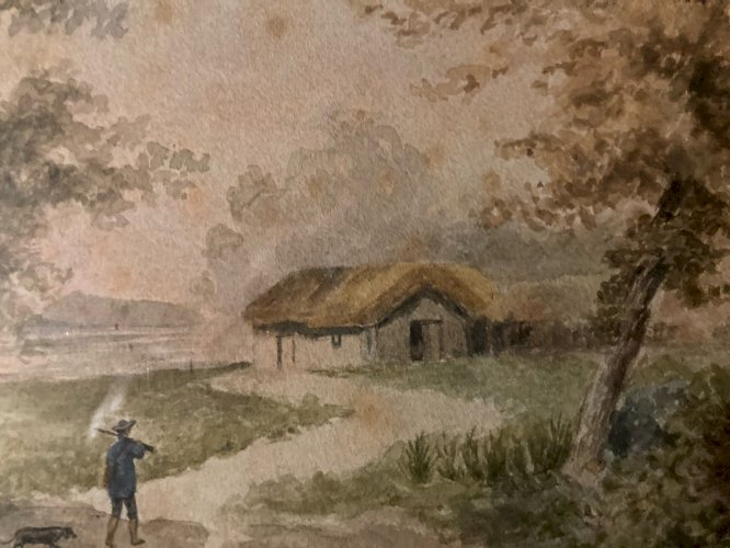 Peinture Gouache Papier XIXe Retour De Chasse Homme Fusil Ancien Chien Art