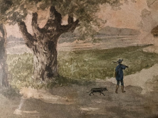 Peinture Gouache Papier XIXe Retour De Chasse Homme Fusil Ancien Chien Art