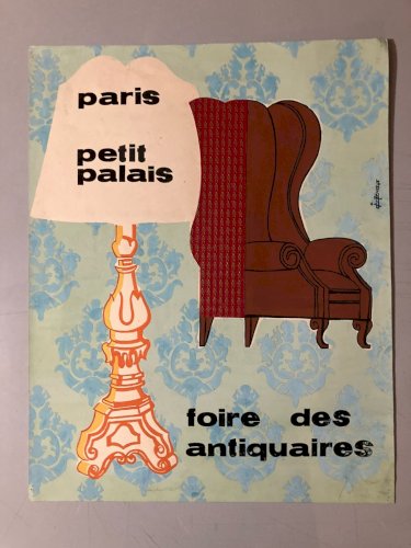 Peinture Gouache  Projet Publicité 1960 Salon Des Antiquaire Petit Palais