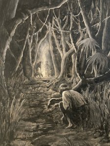 Peinture Gouache Sur Carton 1900 Foret Serpent Nature Bois Feu Homme Chien