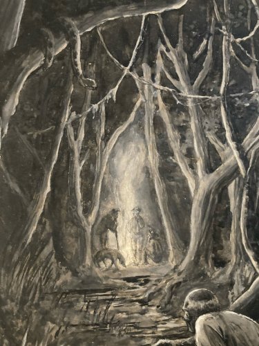 Peinture Gouache Sur Carton 1900 Foret Serpent Nature Bois Feu Homme Chien