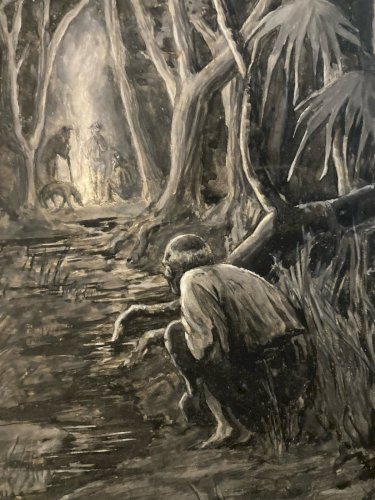 Peinture Gouache Sur Carton 1900 Foret Serpent Nature Bois Feu Homme Chien