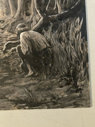 Peinture Gouache Sur Carton 1900 Foret Serpent Nature Bois Feu Homme Chien