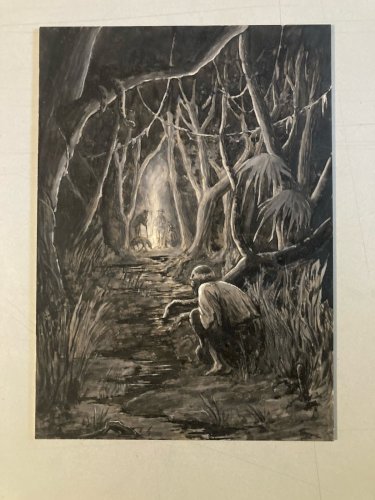 Peinture Gouache Sur Carton 1900 Foret Serpent Nature Bois Feu Homme Chien