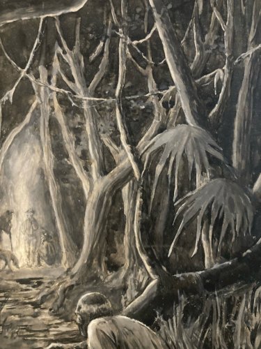 Peinture Gouache Sur Carton 1900 Foret Serpent Nature Bois Feu Homme Chien