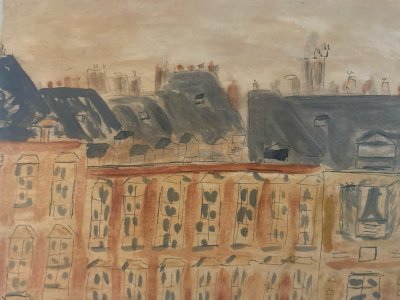 Gouache painting on paper 1950 to identify building old house art