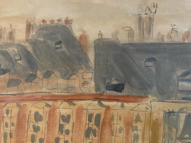 peinture Gouache sur Papier 1950 a identifier Immeuble Maison Ancien Art