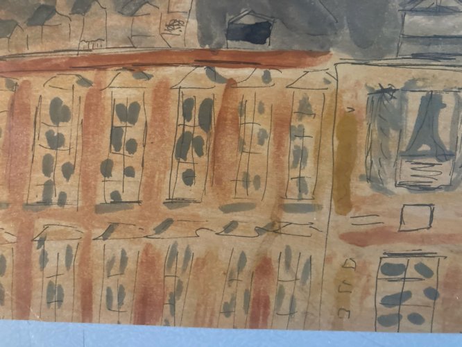 peinture Gouache sur Papier 1950 a identifier Immeuble Maison Ancien Art