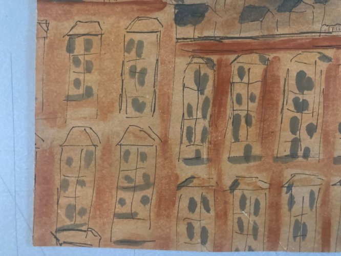 peinture Gouache sur Papier 1950 a identifier Immeuble Maison Ancien Art