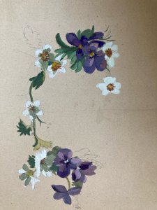 Peinture Gouache Sur Papier Dessin Art Ancien XIXe Bouquet Violet Fleurs