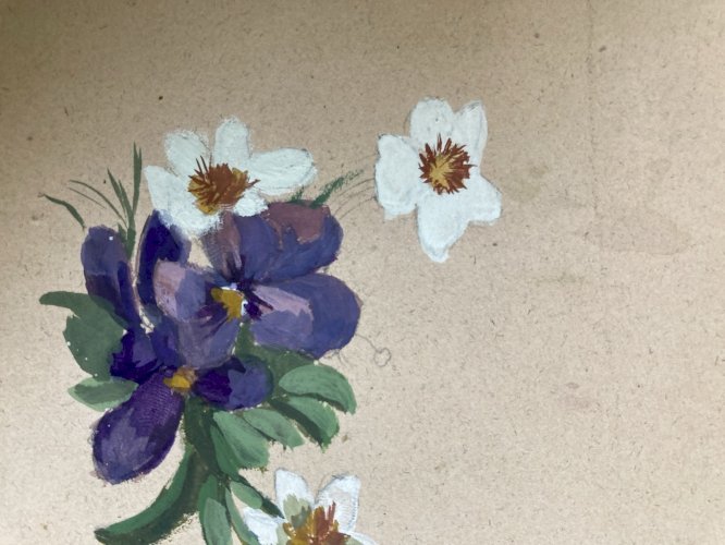 Peinture Gouache Sur Papier Dessin Art Ancien XIXe Bouquet Violet Fleurs