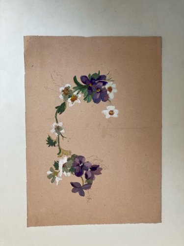 Peinture Gouache Sur Papier Dessin Art Ancien XIXe Bouquet Violet Fleurs