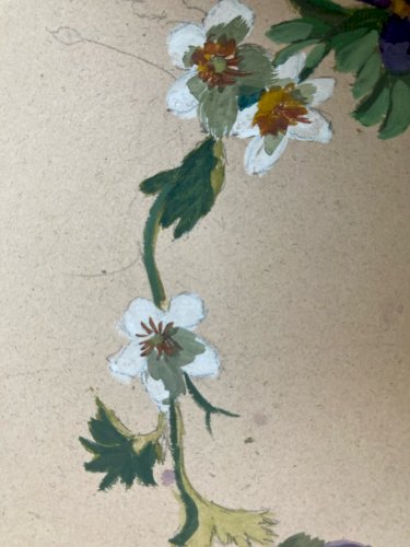 Peinture Gouache Sur Papier Dessin Art Ancien XIXe Bouquet Violet Fleurs