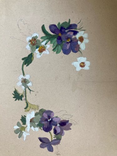 Peinture Gouache Sur Papier Dessin Art Ancien XIXe Bouquet Violet Fleurs