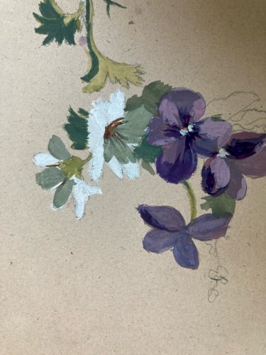 Peinture Gouache Sur Papier Dessin Art Ancien XIXe Bouquet Violet Fleurs